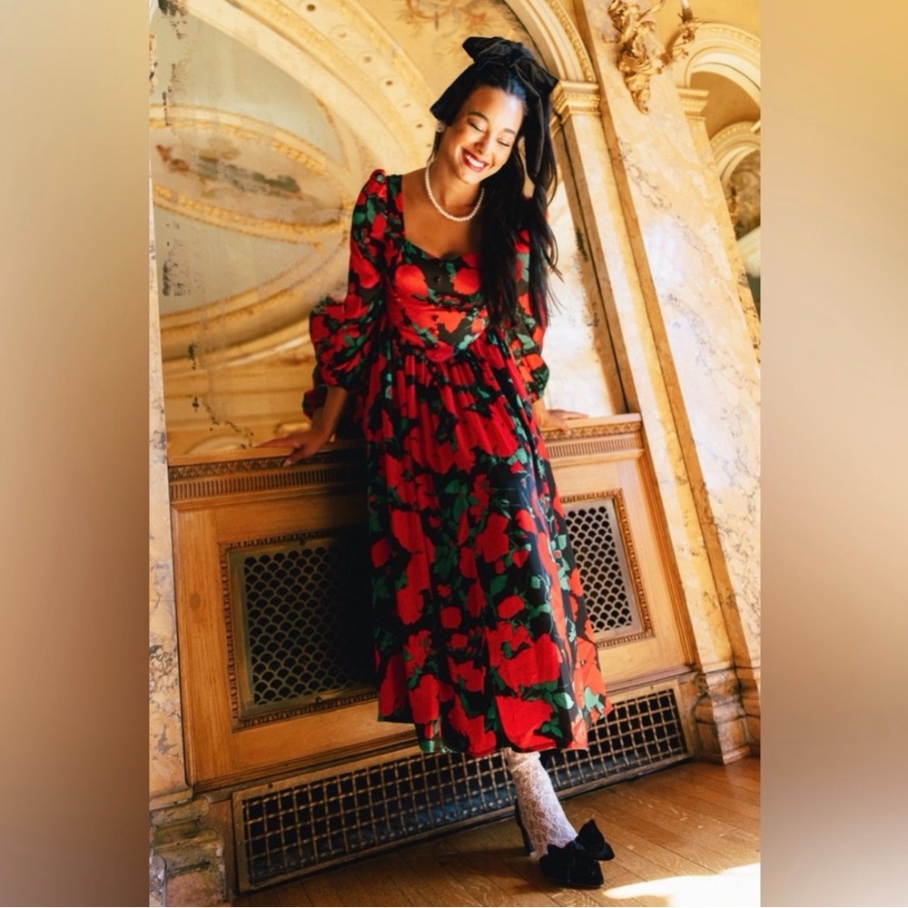 NWT IVY CITY CO Red and Green Floral Valentina Long Sleeve Dress